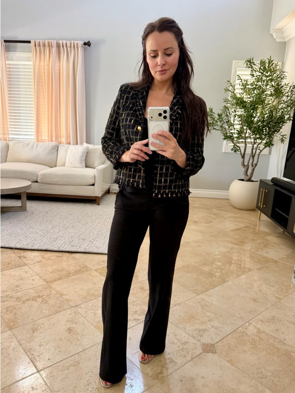 Alice + Olivia Black Tweed Blazer with Gold Threading
